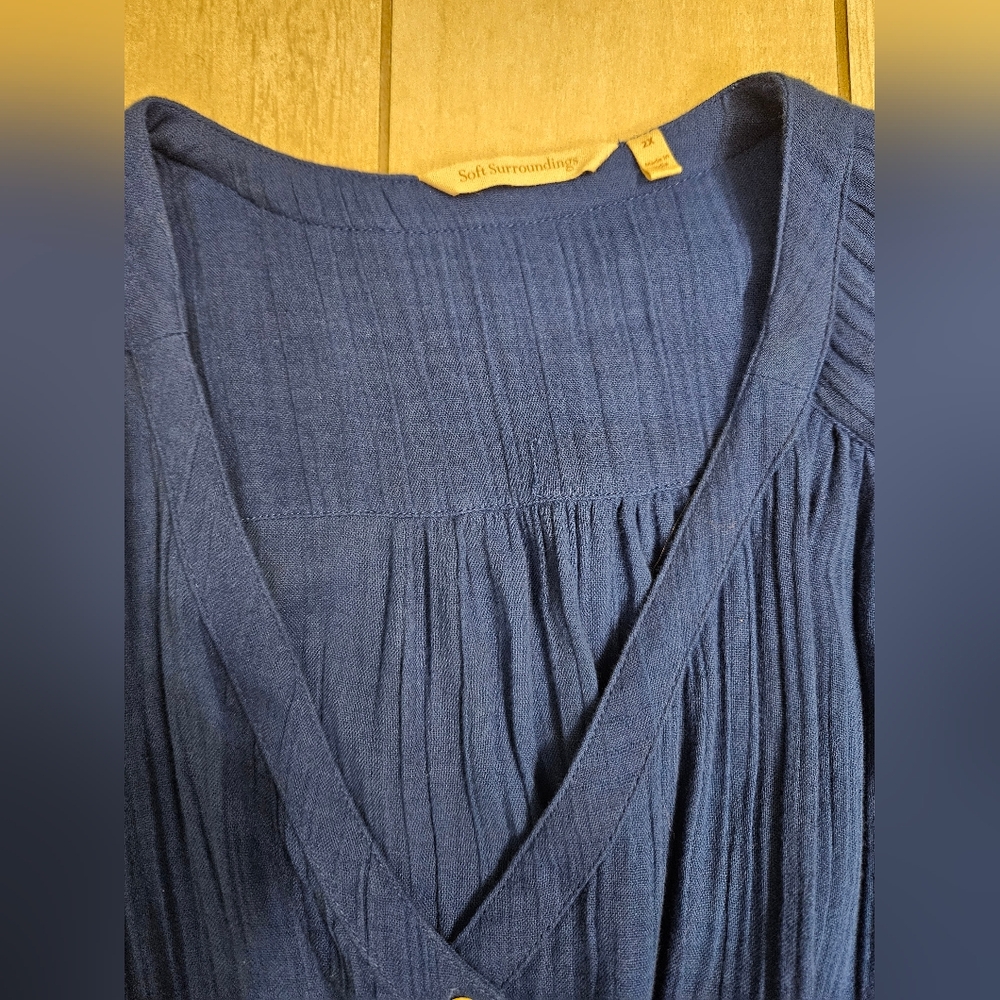 Soft Surroundings Blue 1/2 Sleeve Cotton Gauze Midi V-Neck Dress - Picture 3 of 5